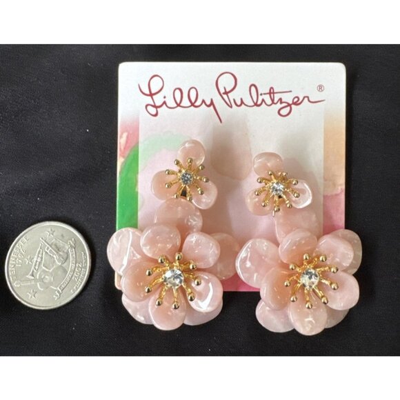 NWT Lilly Pulitzer Earrings Pink CZ Goldtone Flower Pierced Gift Bag - Picture 2 of 10
